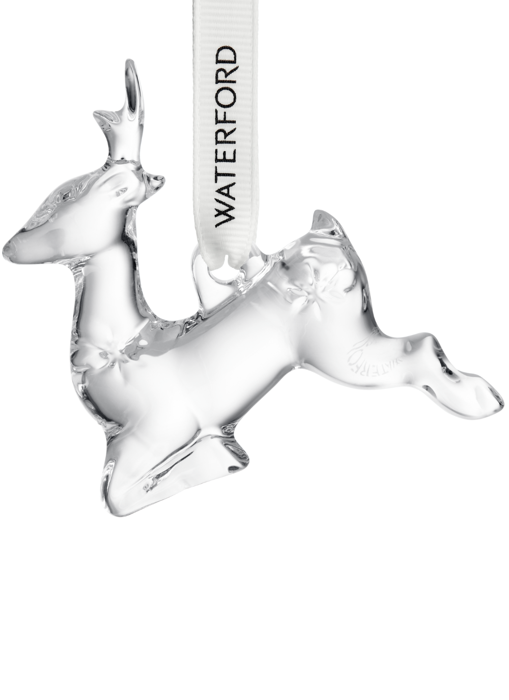 Waterford Crystal Mini Reindeer Ornament featuring a smooth prancing reindeer with star-cut details, hanging from a gold and white satin ribbon